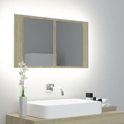 Dulap de baie cu oglindă și LED, stejar Sonoma, 80x12x45 acril - WALTI WALTI