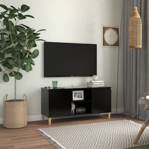 Comodă TV, picioare lemn masiv, negru, 103,5x35x50 cm - WALTI WALTI