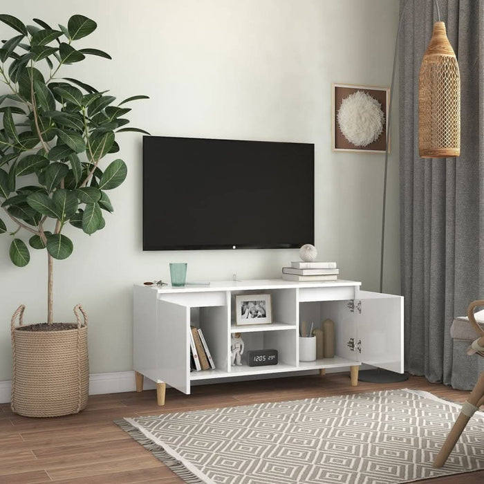 Comodă TV & picioare lemn masiv alb extralucios 103,5x35x50 cm - WALTI WALTI