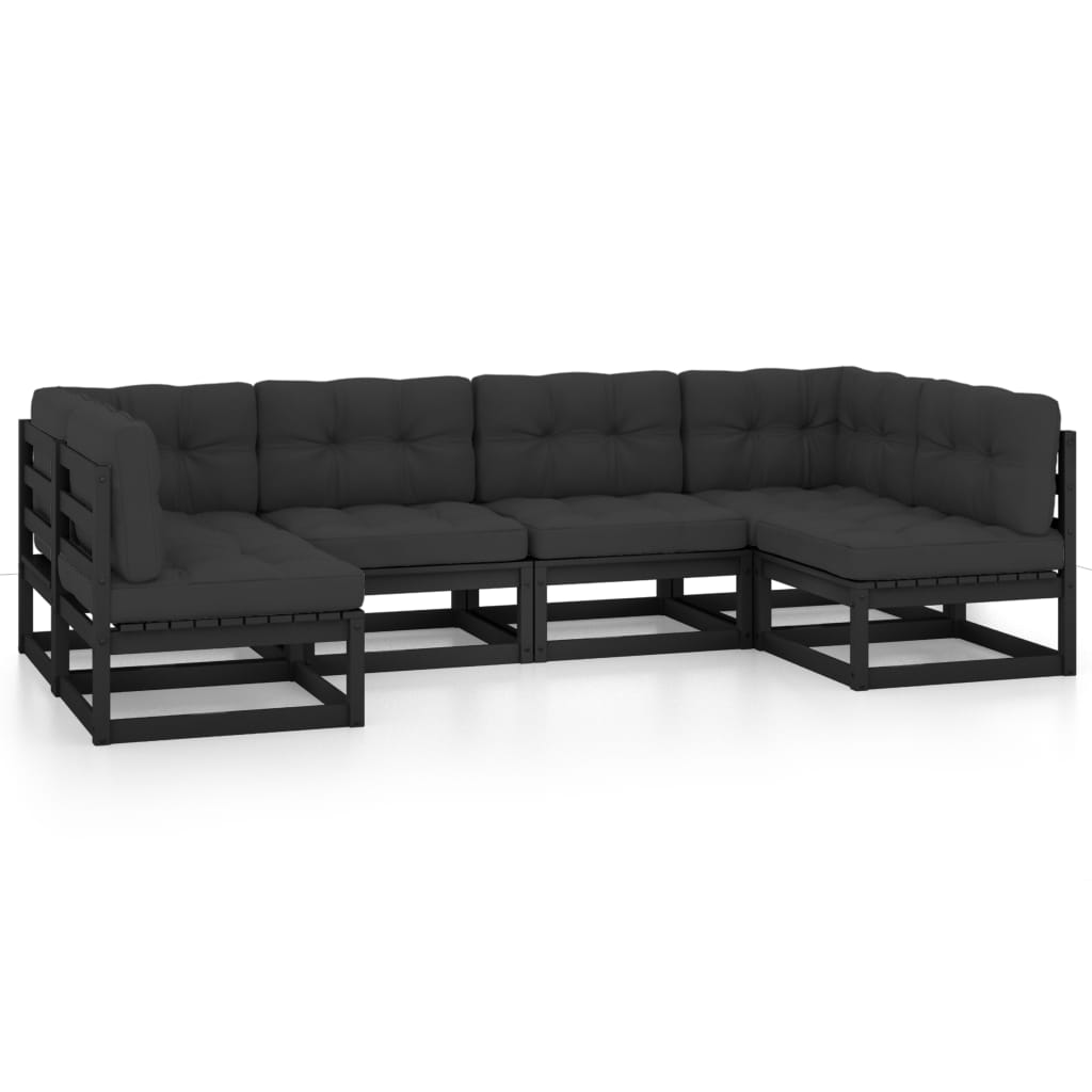 Set mobilier grădină cu perne, 6 piese, negru, lemn masiv pin