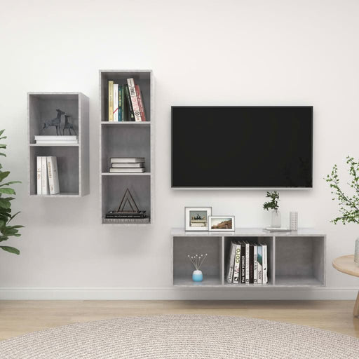 Set de dulapuri TV, 3 piese, gri beton, lemn prelucrat - WALTI WALTI