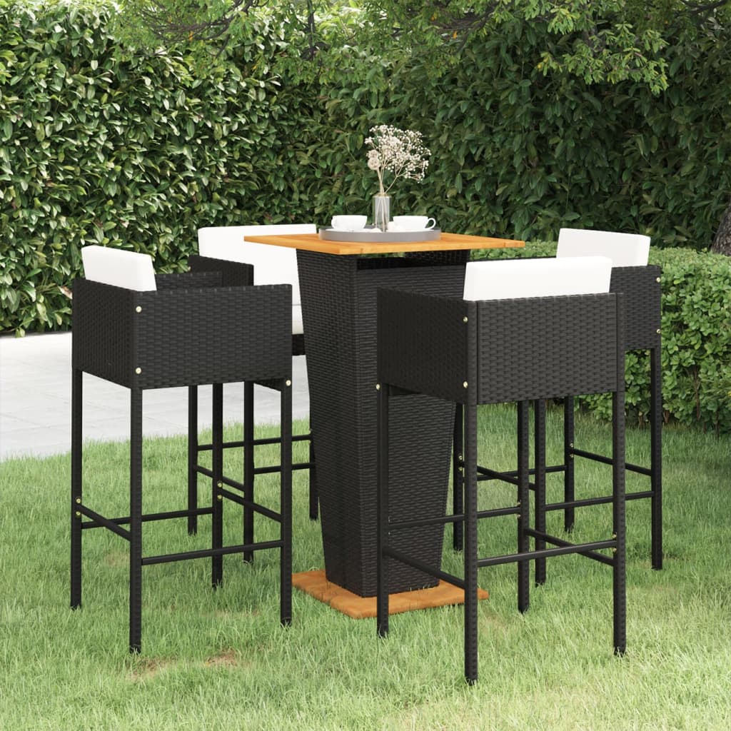 Set mobilier bar de grădină cu perne, 5 piese, negru, poliratan