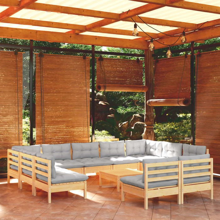 Set mobilier de grădină cu perne, 12 piese, gri, lemn masiv pin - WALTI WALTI