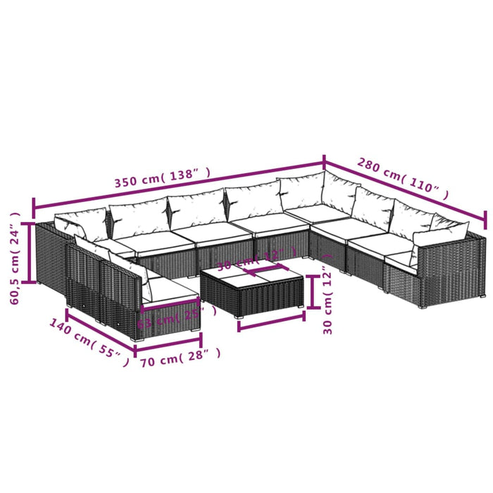 Set mobilier de grădină cu perne, 11 piese, negru, poliratan - WALTI WALTI