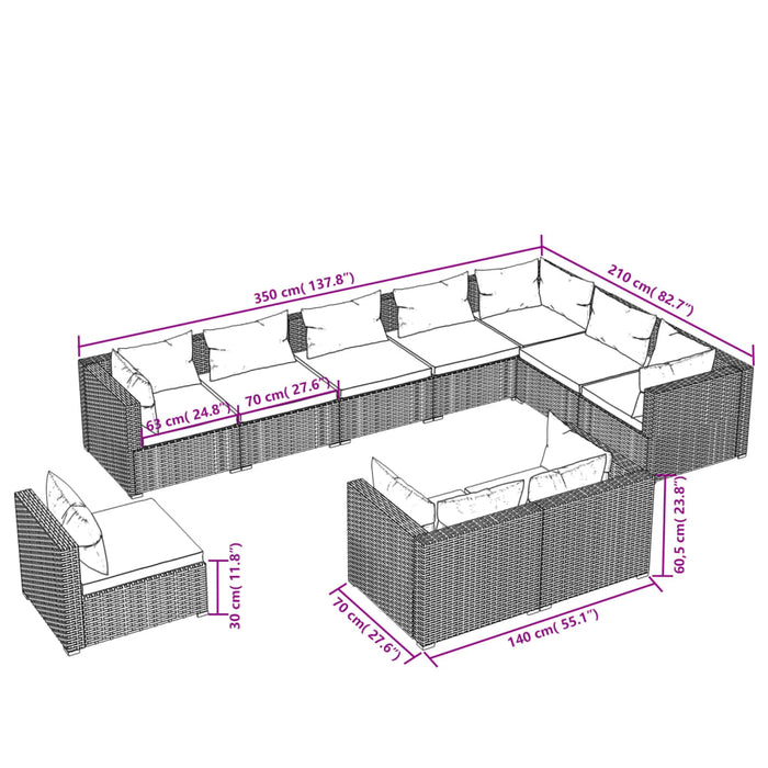 Set mobilier de grădină cu perne, 10 piese, maro, poliratan - WALTI WALTI