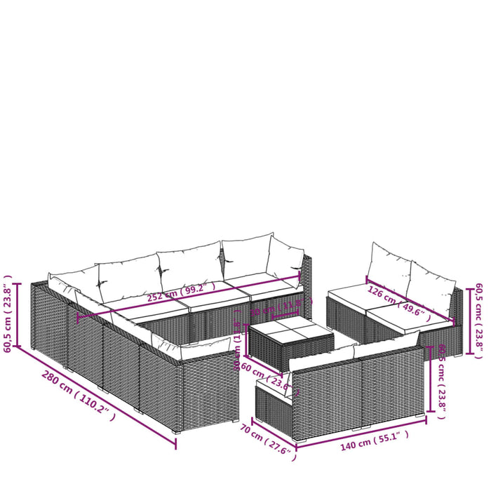 Set mobilier de grădină cu perne, 12 piese, negru, poliratan - WALTI WALTI