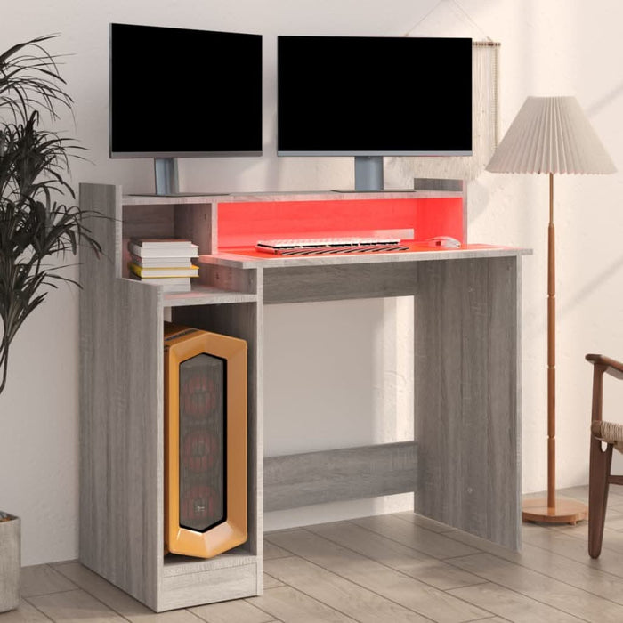 Birou cu lumini LED, gri sonoma, 97x90x45 cm lemn prelucrat - WALTI WALTI