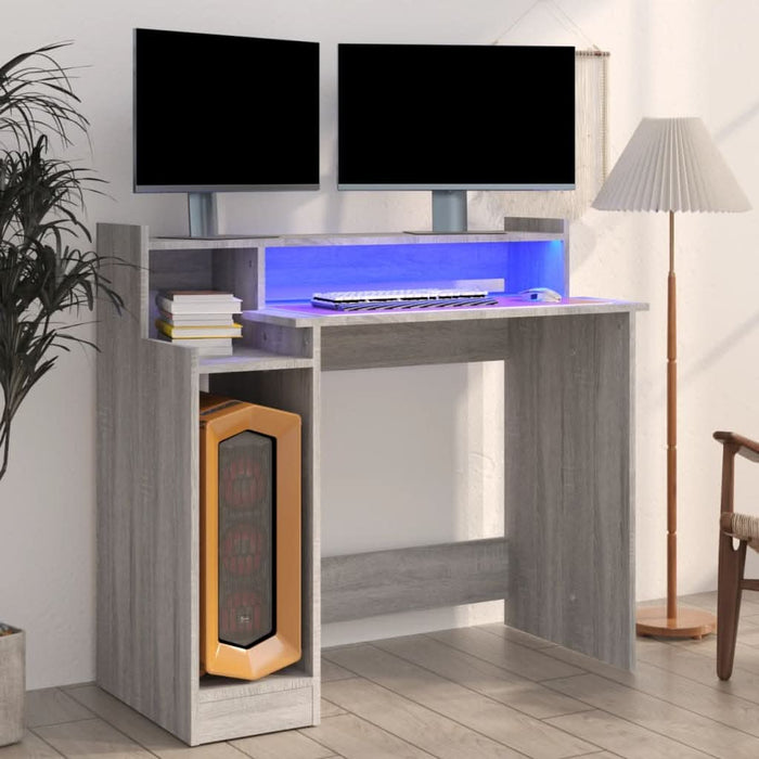 Birou cu lumini LED, gri sonoma, 97x90x45 cm lemn prelucrat - WALTI WALTI