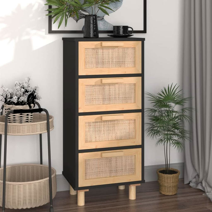 Servantă, negru, 40x30x90 cm, lemn masiv pin și ratan natural - WALTI WALTI