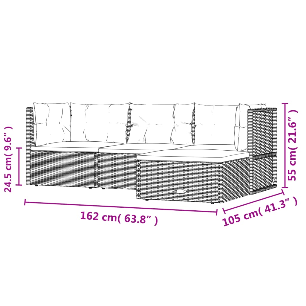 Set mobilier de grădină cu perne, 4 piese, gri, poliratan - WALTI