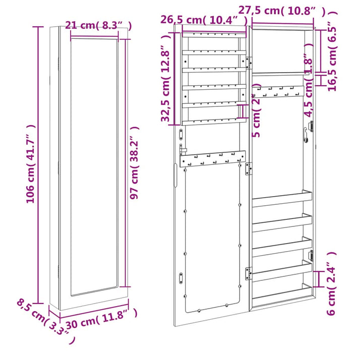 Dulap de bijuterii cu oglindă de perete, alb, 30x8,5x106 cm - WALTI WALTI