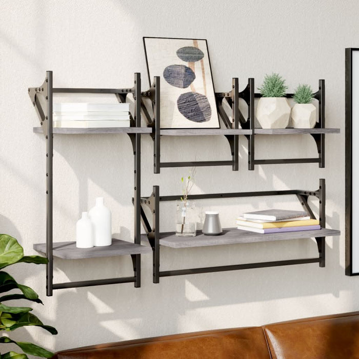Set rafturi perete cu bare, 4 buc., gri sonoma, lemn prelucrat - WALTI WALTI
