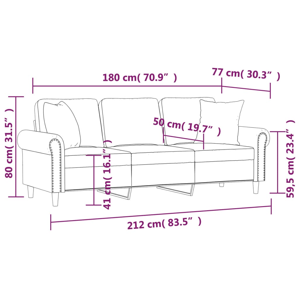 Canapea cu 3 locuri cu pernuțe, gri deschis, 180 cm, catifea