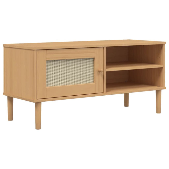 Comodă TV SENJA aspect ratan maro, 106x40x49 cm, lemn masiv pin - WALTI WALTI
