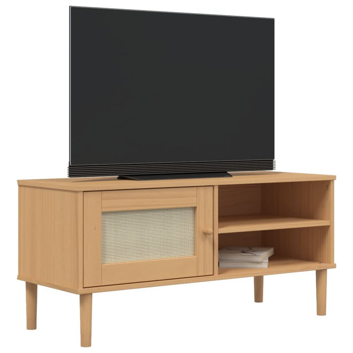Comodă TV SENJA aspect ratan maro, 106x40x49 cm, lemn masiv pin - WALTI WALTI