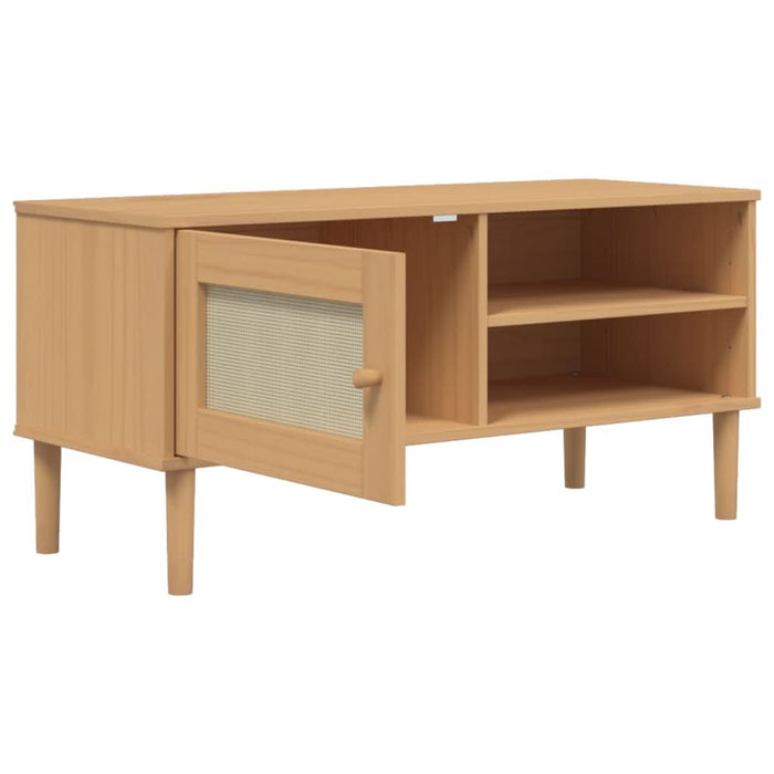 Comodă TV SENJA aspect ratan maro, 106x40x49 cm, lemn masiv pin - WALTI WALTI