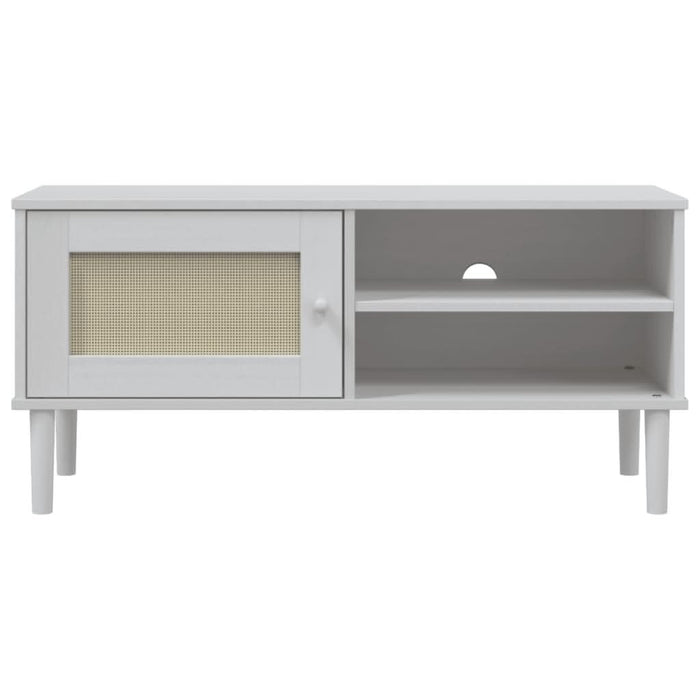 Comodă TV SENJA aspect ratan alb, 106x40x49 cm, lemn masiv pin - WALTI WALTI