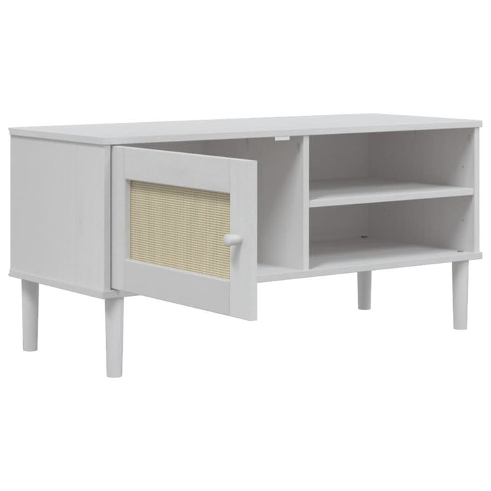 Comodă TV SENJA aspect ratan alb, 106x40x49 cm, lemn masiv pin - WALTI WALTI