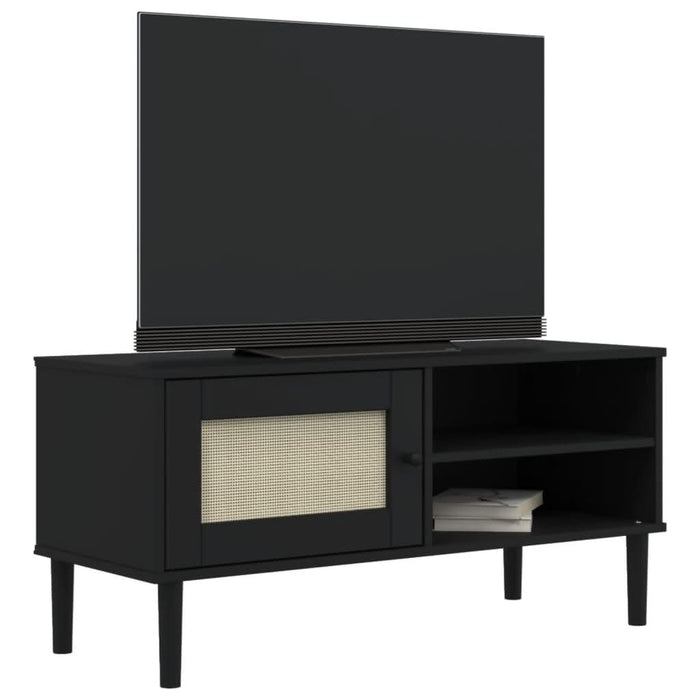 Comodă TV SENJA aspect ratan negru 106x40x49 cm lemn masiv pin - WALTI WALTI