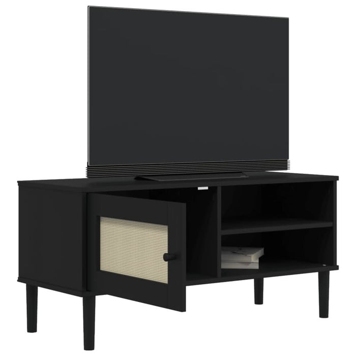 Comodă TV SENJA aspect ratan negru 106x40x49 cm lemn masiv pin - WALTI WALTI