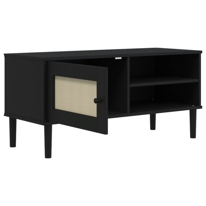 Comodă TV SENJA aspect ratan negru 106x40x49 cm lemn masiv pin - WALTI WALTI
