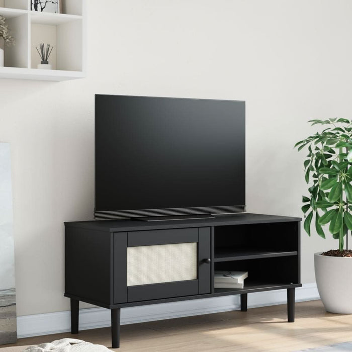 Comodă TV SENJA aspect ratan negru 106x40x49 cm lemn masiv pin - WALTI WALTI