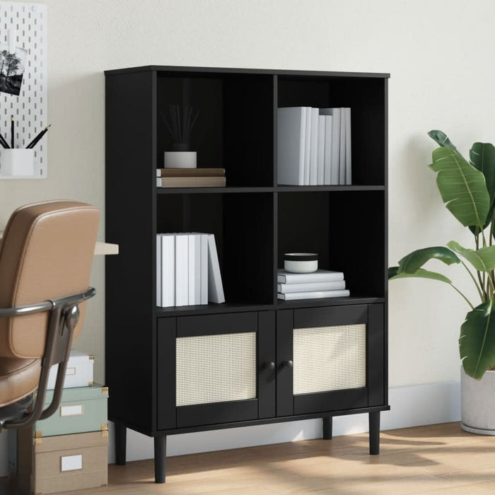 Bibliotecă SENJA aspect ratan negru 90x35x130 cm lemn masiv pin - WALTI WALTI