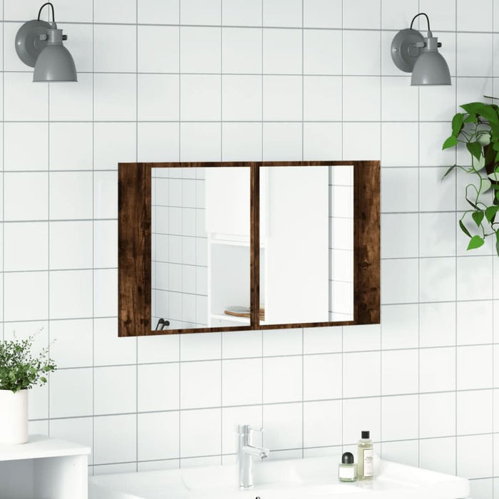 Dulap de baie cu oglindă și LED, stejar fumuriu, 80x12x45 acril - WALTI WALTI