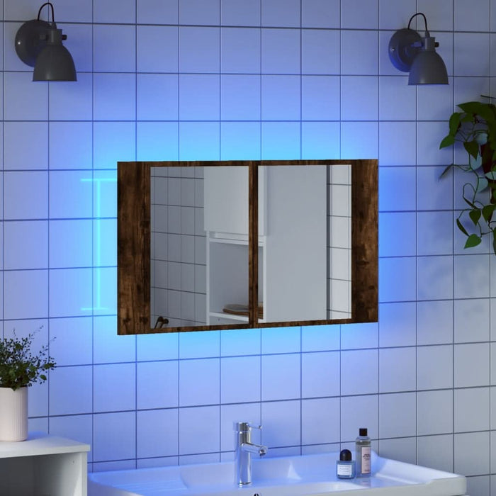 Dulap de baie cu oglindă și LED, stejar fumuriu, 80x12x45 acril - WALTI WALTI