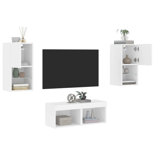 Comode TV de perete cu lumini LED, 4 piese, alb - WALTI WALTI