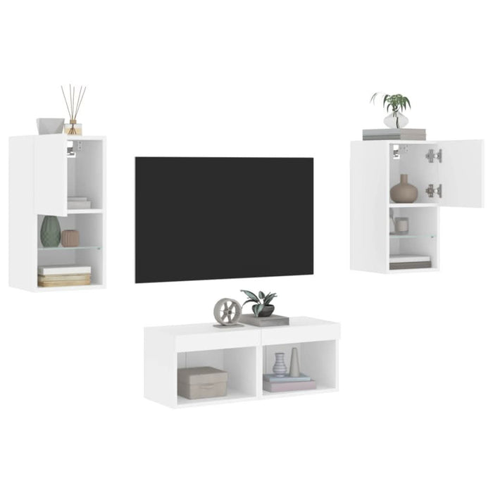 Comode TV de perete cu lumini LED, 4 piese, alb - WALTI WALTI