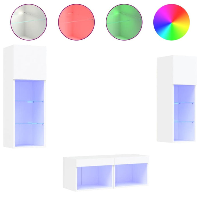 Comode TV de perete cu lumini LED, 4 piese, alb - WALTI WALTI