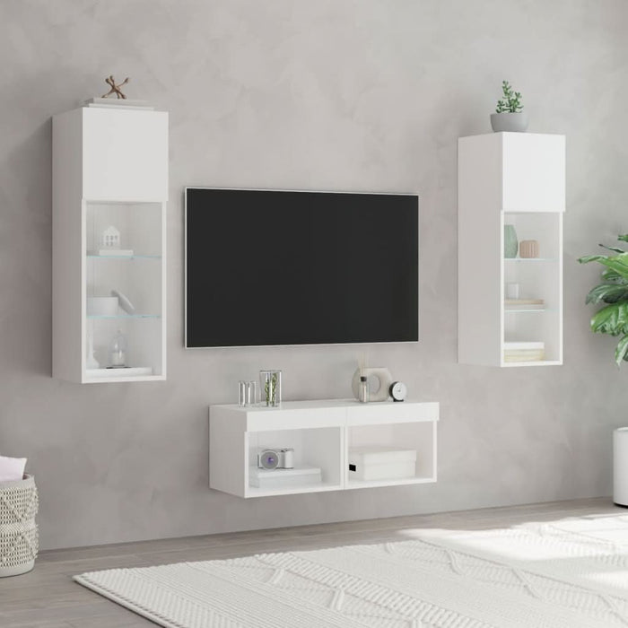 Comode TV de perete cu lumini LED, 4 piese, alb - WALTI WALTI