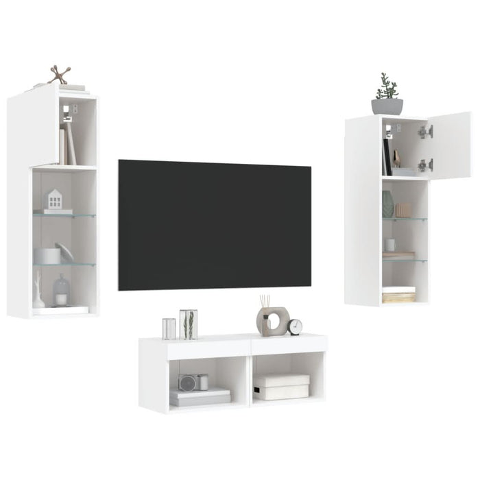 Comode TV de perete cu lumini LED, 4 piese, alb - WALTI WALTI
