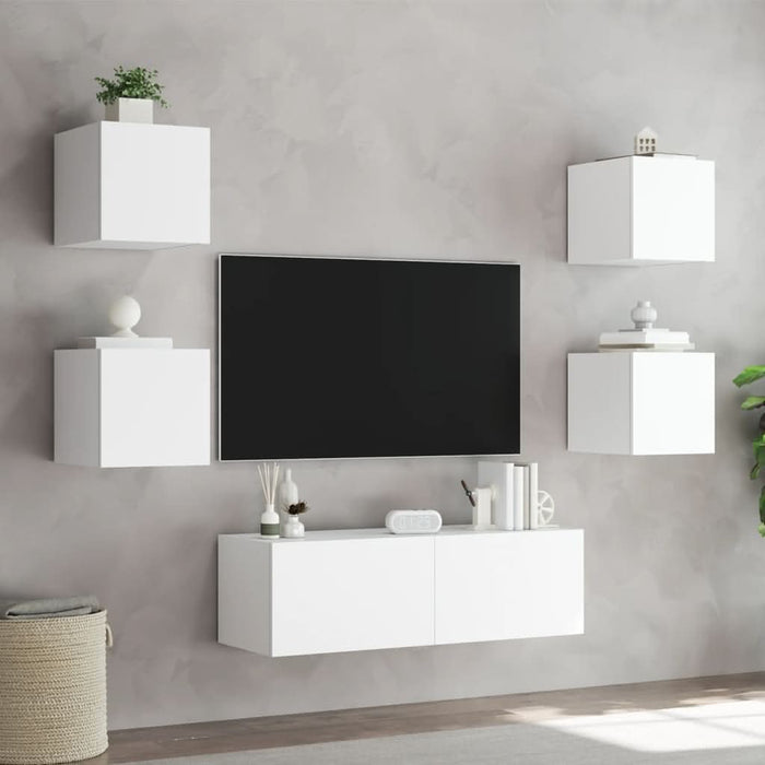 Comode TV de perete cu lumini LED, 5 piese, alb - WALTI WALTI
