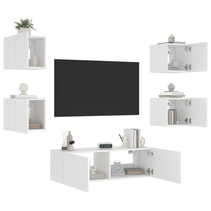 Comode TV de perete cu lumini LED, 5 piese, alb - WALTI WALTI