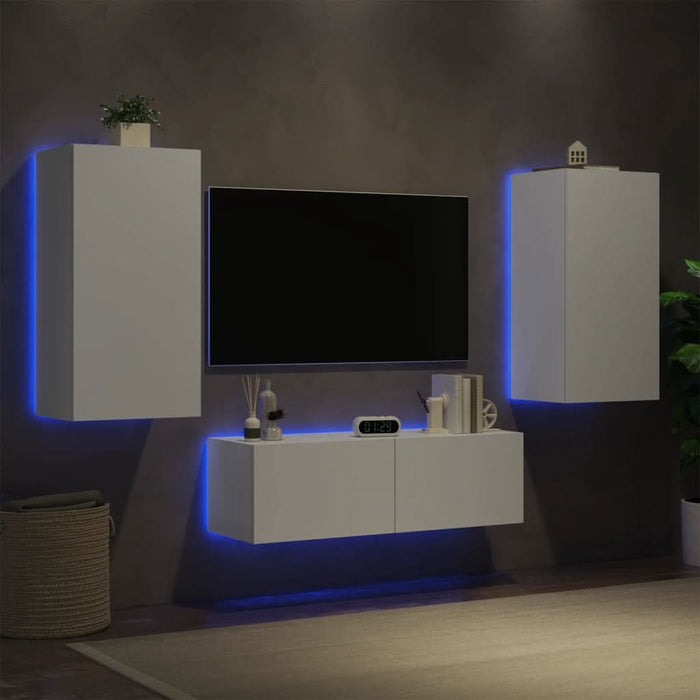 Comode TV de perete cu lumini LED, 3 piese, alb - WALTI WALTI